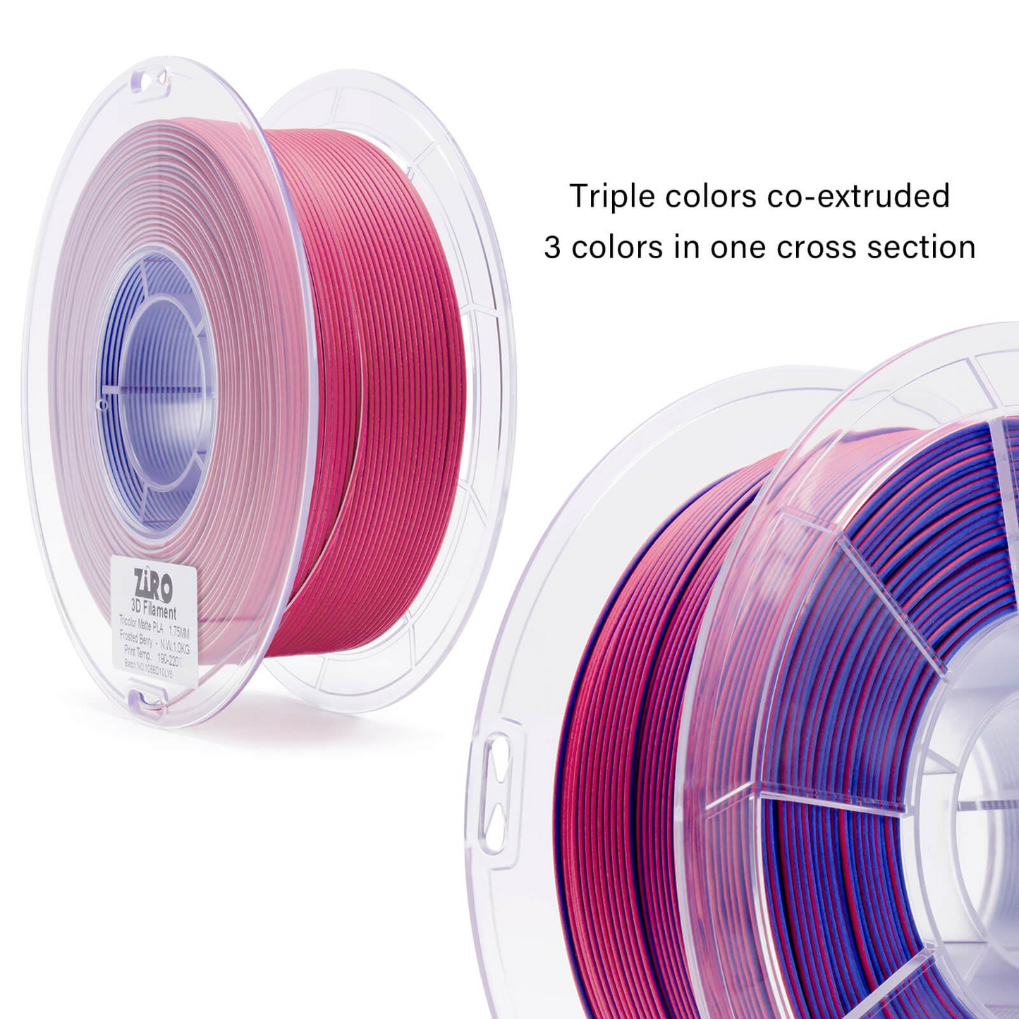 ZIRO Tri-Color Matte PLA Filament – 1.75mm, Frosted Berry, 1kg