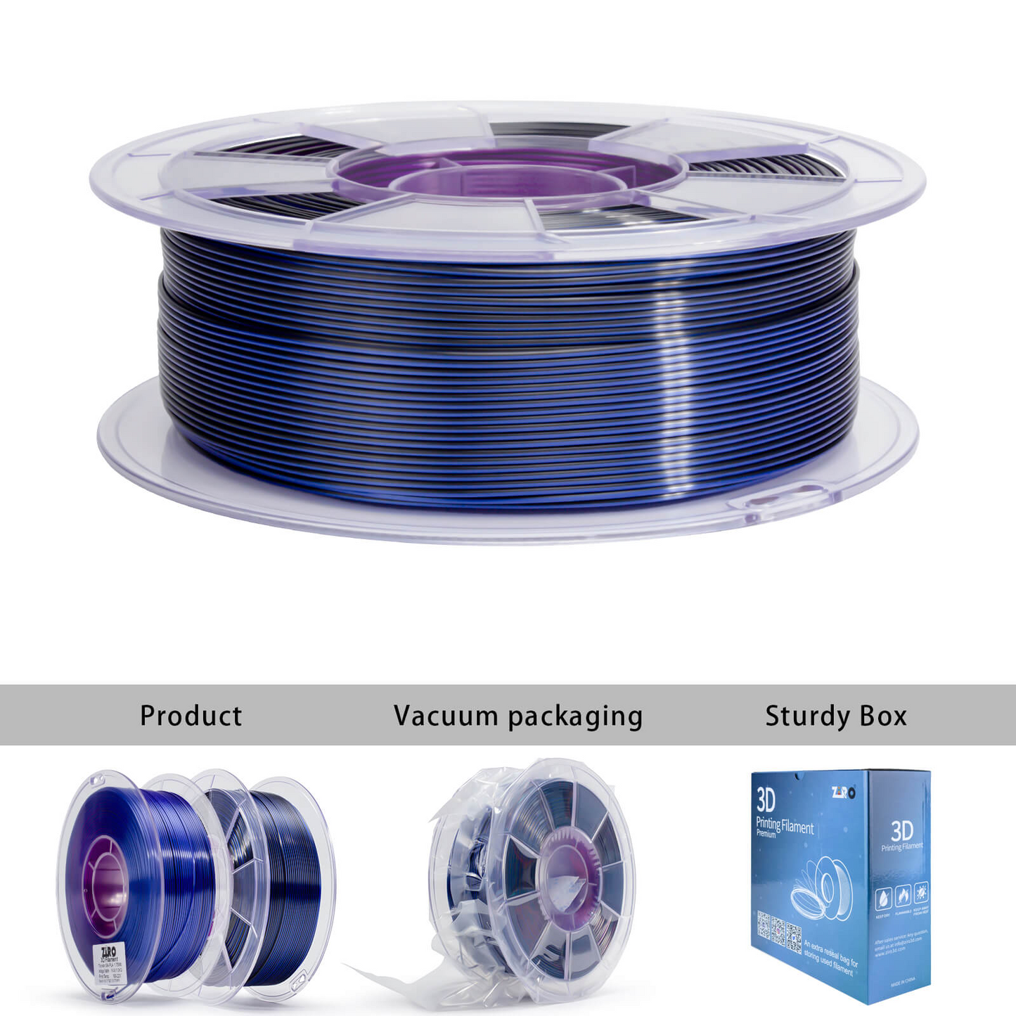 ZIRO Tri-Color Silk PLA Filament - 1.75mm, Indigo Satin, 1kg